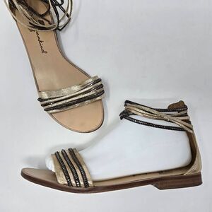 7 FOR ALL MANKIND STRAPPY GOLD BLACK LEATHER SANDALS WOMENS SIZE 9 M FLAT